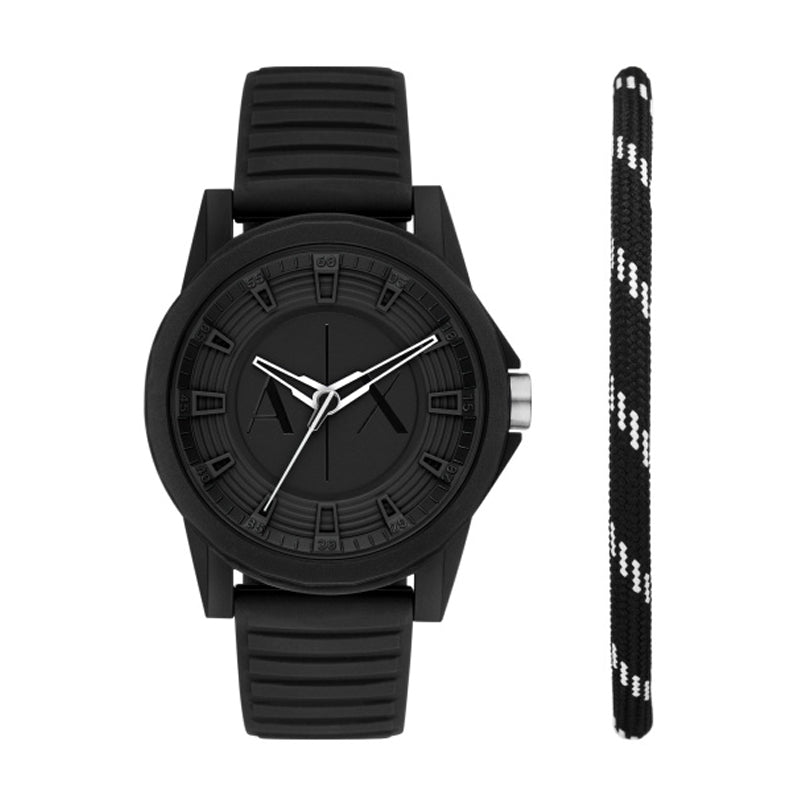 Armani Exchange Three-Hand Black Silicone Watch And Bracelet Set AX7159SET
