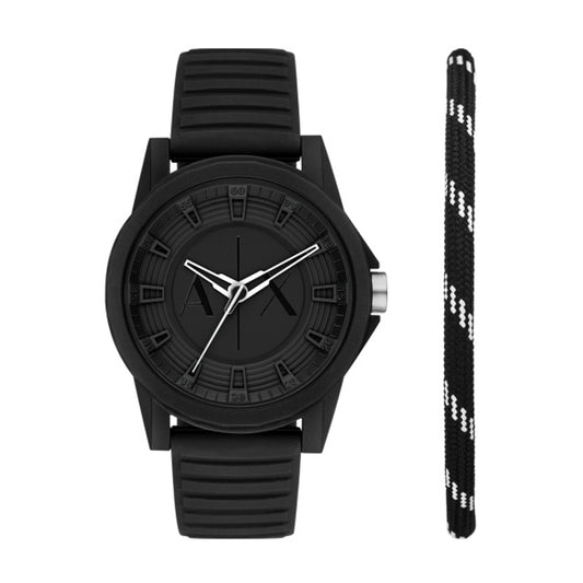 Armani Exchange Three-Hand Black Silicone Watch And Bracelet Set AX7159SET